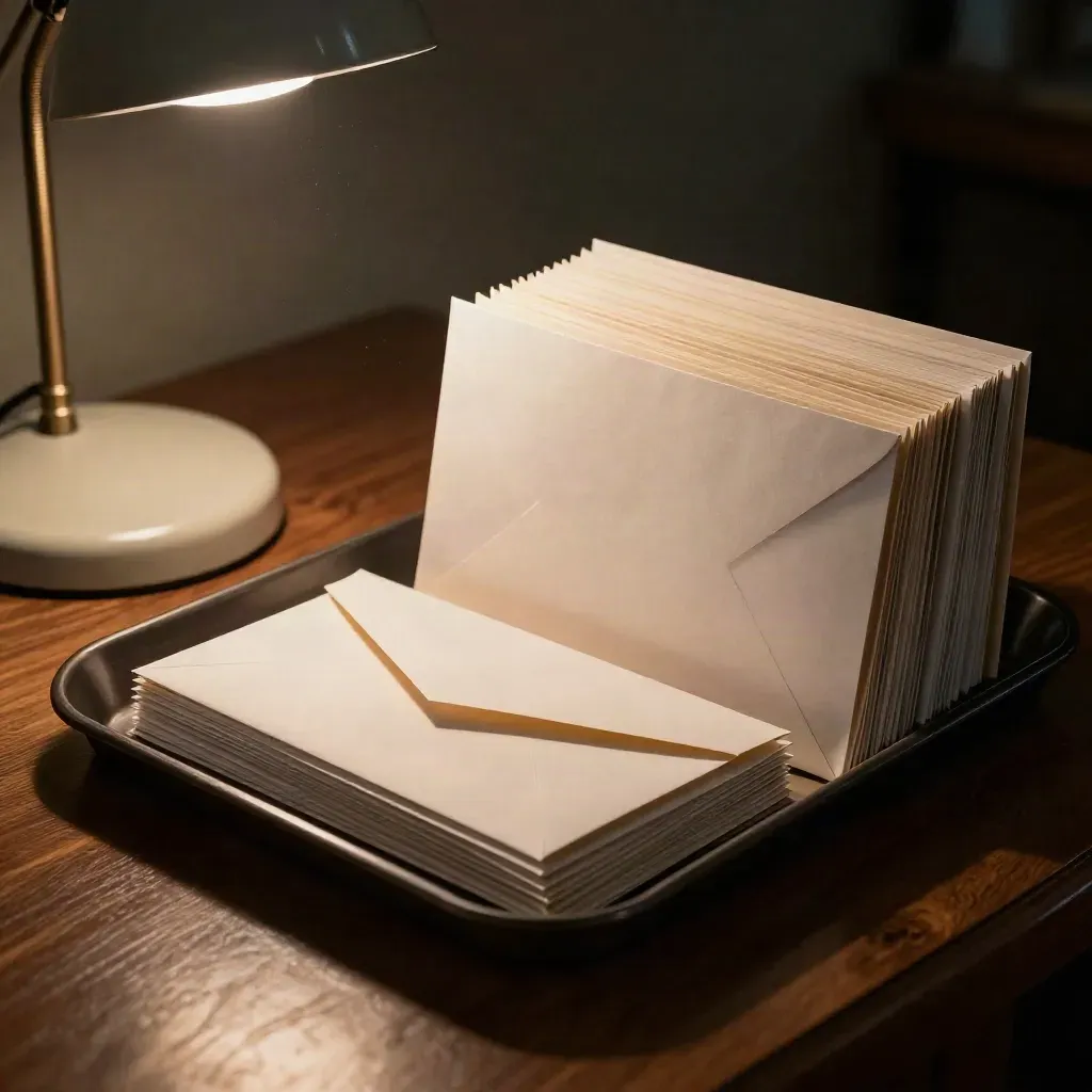 After-hours report tray with investor packets, envelopes, and a desk lamp in evening light.