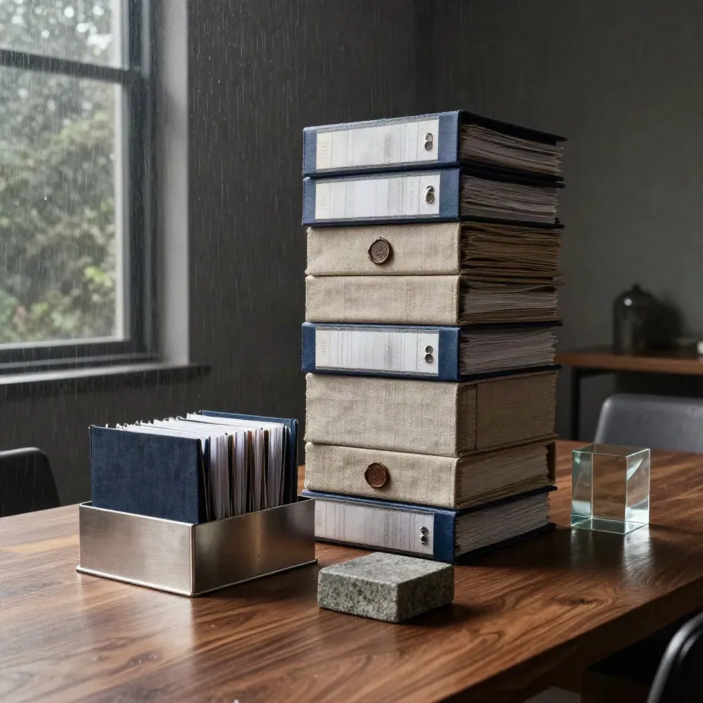 Luxury finance still life with binders, archive boxes, and a glass risk cube on a walnut table.