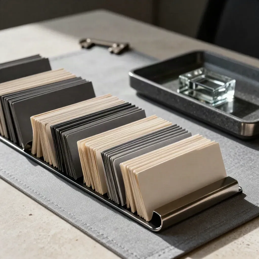 Macro of tabbed risk review cards, graphite tray, and stone weight under sharp midday light.