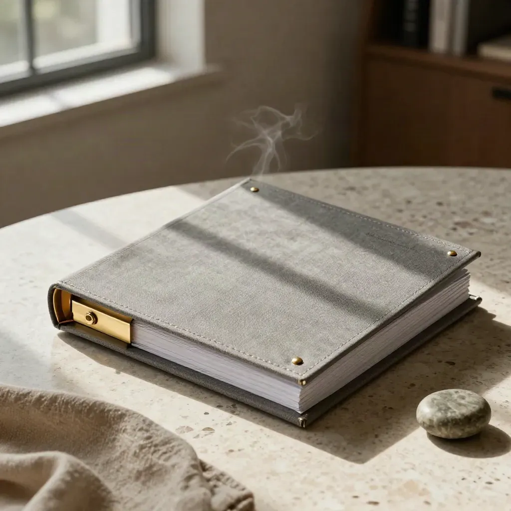Launch playbook binder with linen tabs, brass clips, cloth and stone weight on travertine in warm light.