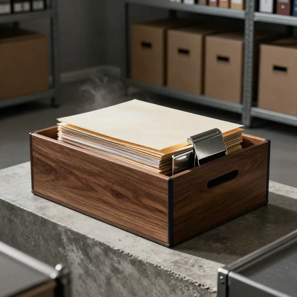 Floor-level due-diligence box with dividers, sealed folder and steel tray in a hazy archive room