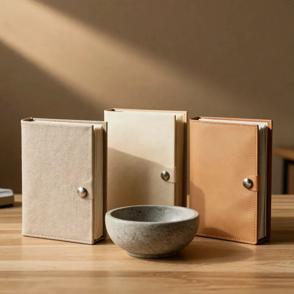 Three premium archive sleeves and a stone bowl on pale oak in warm afternoon light.