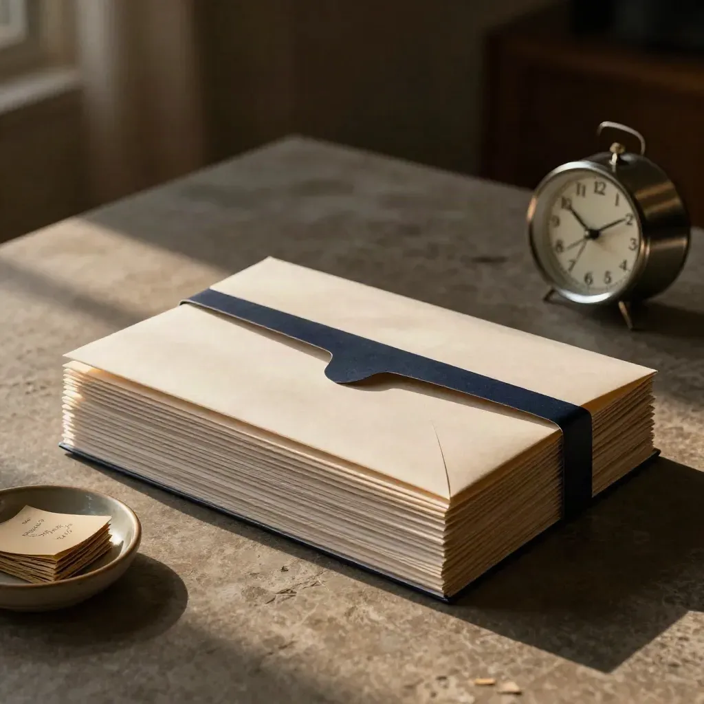 Monthly report packets and a desk clock on a stone desk in dusk light.