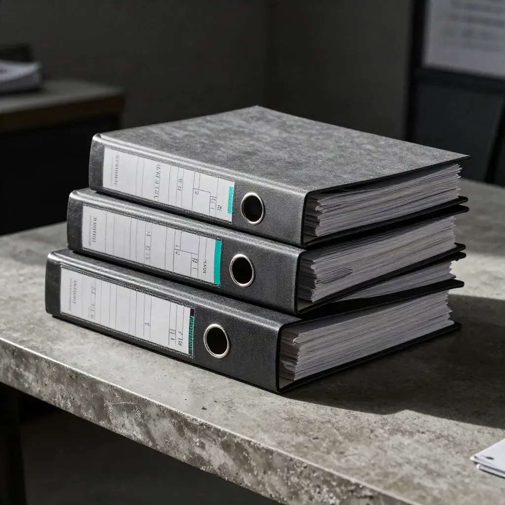 Risk binders and a paperweight on a concrete table under dramatic side light