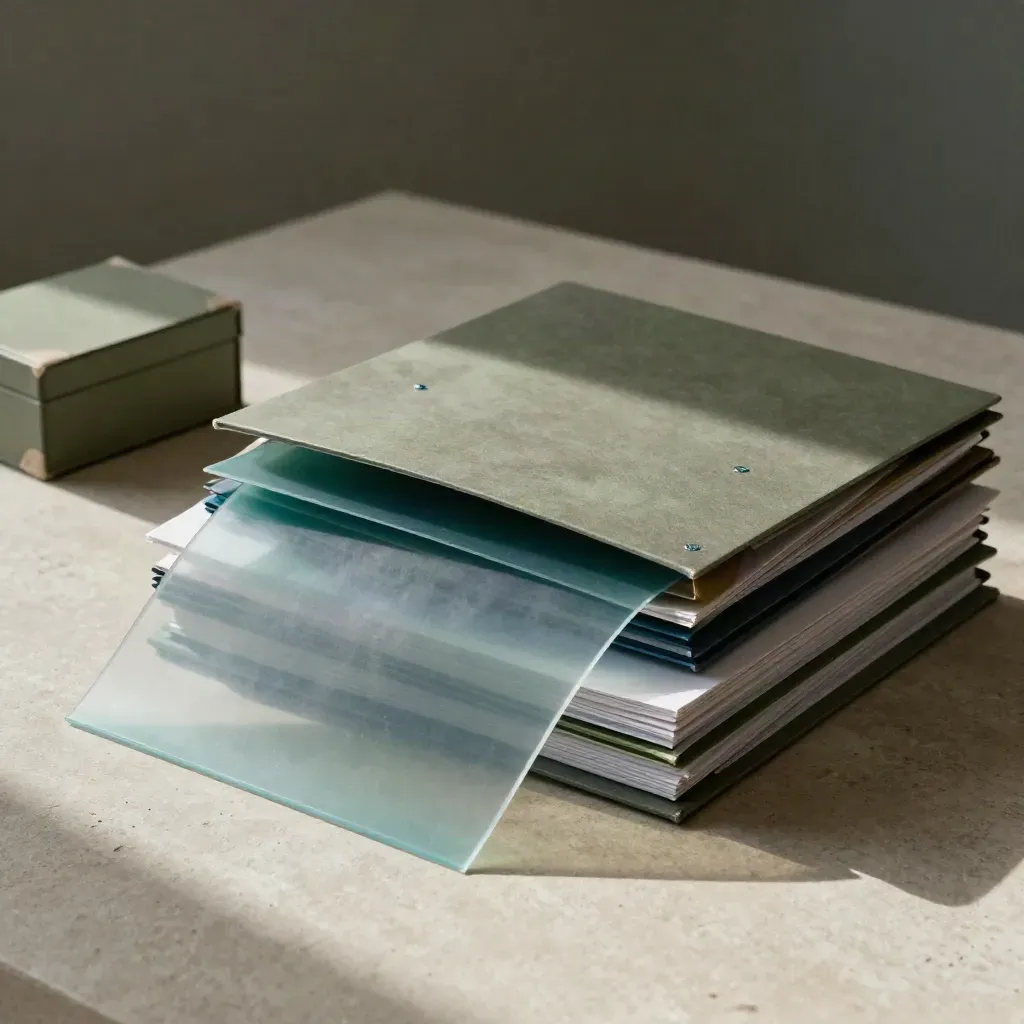 Teal overlay slides across folders and a ledger box on a stone desk in soft daylight.