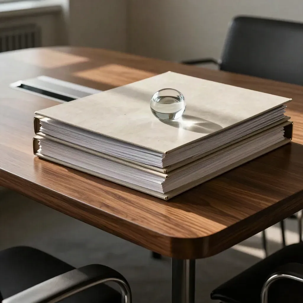 Low-angle close-up of walnut boardroom binders and a glass paperweight in morning haze