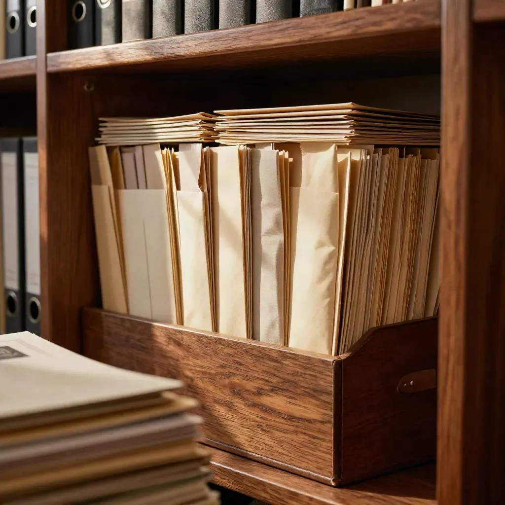Warm archive shelf with due-diligence files, envelopes, and dust in late-afternoon light.