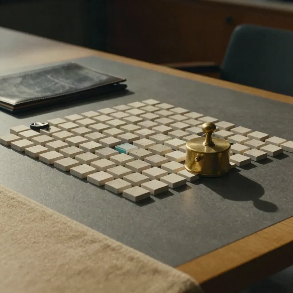 Matte tabletop with stone tokens, folder, and brass weight under dramatic side light