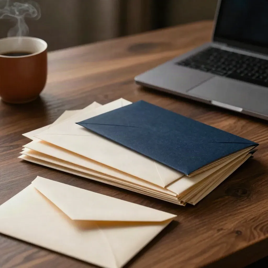 Draft envelopes and a bound letter pack on a walnut desk beside a cup and closed laptop.