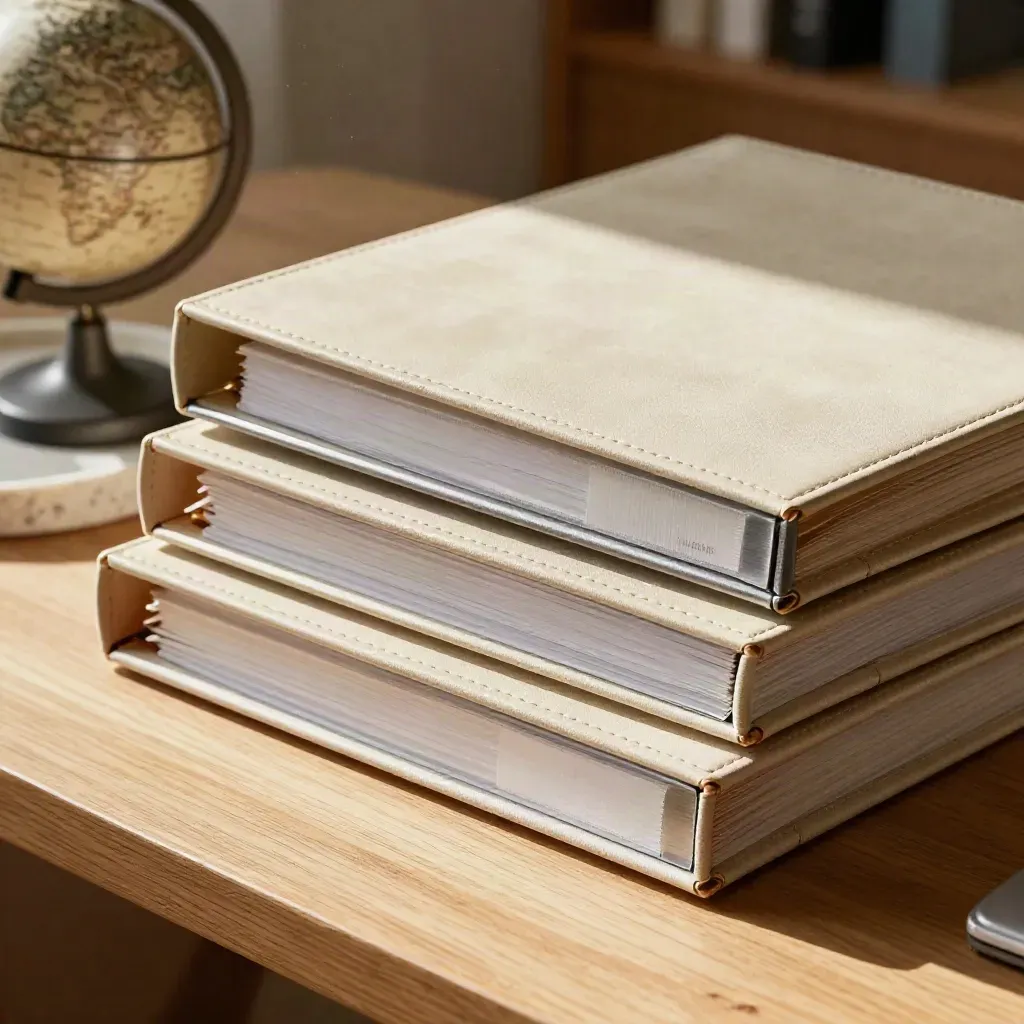 Macro of regional fund binders, small globe and stone tray in warm morning desk light.