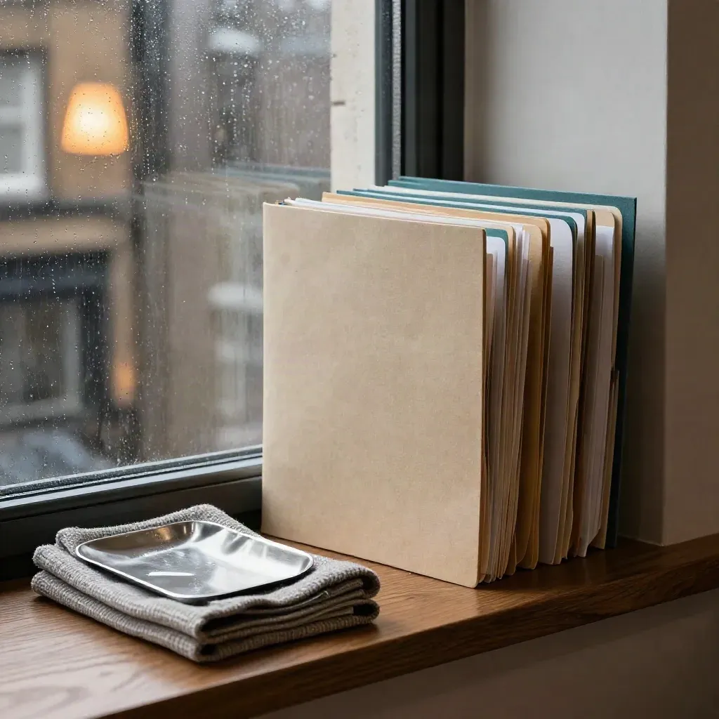 Rain-streaked window, briefing folders, wool cloth and metal tray in a cozy finance office