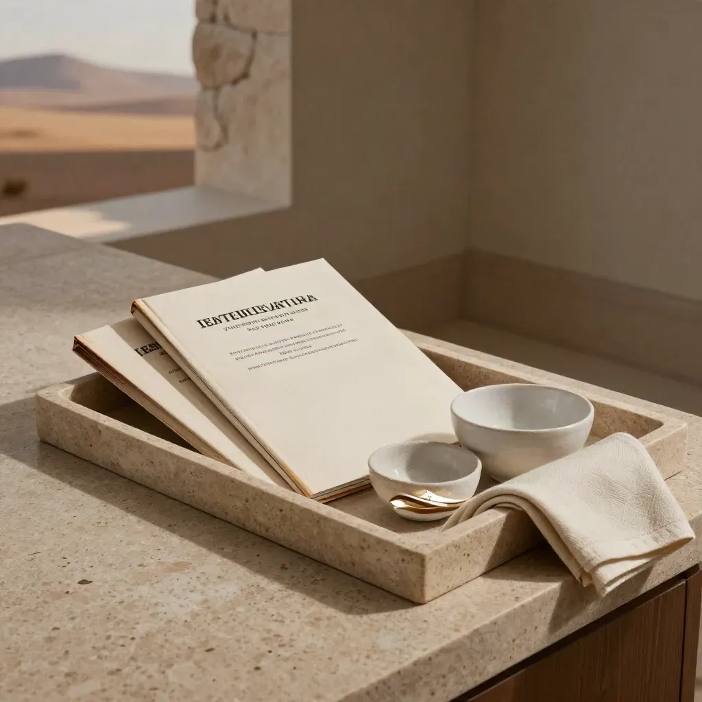 Stone tray with document packs, ceramic bowl and folded cloth in a hazy office corner.
