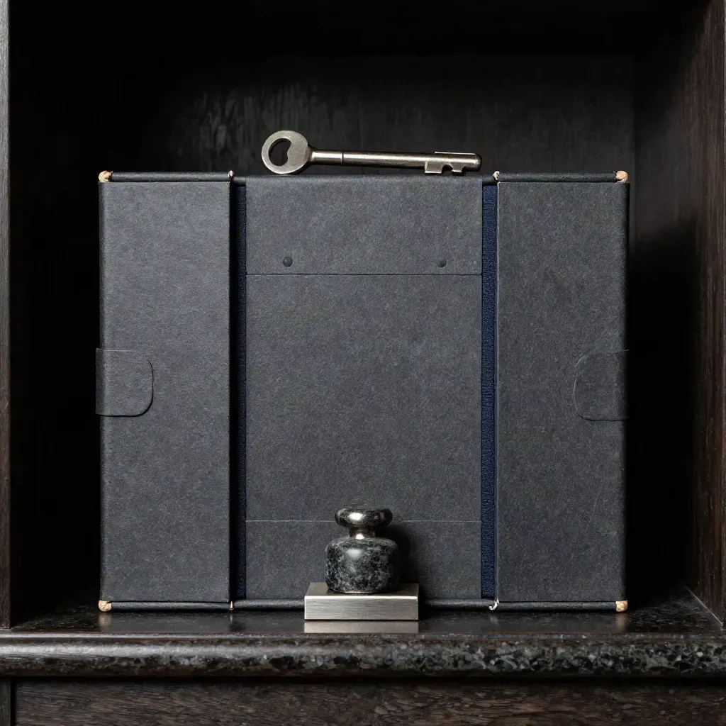 Archive box with sleeves, stone, and metal clip in a dark cinematic finance alcove.