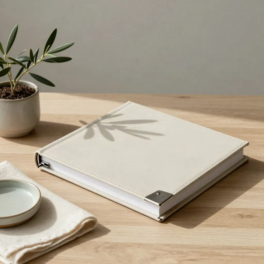 Closed launch binder with olive plant, ecru cloth and ceramic dish on pale oak desk.