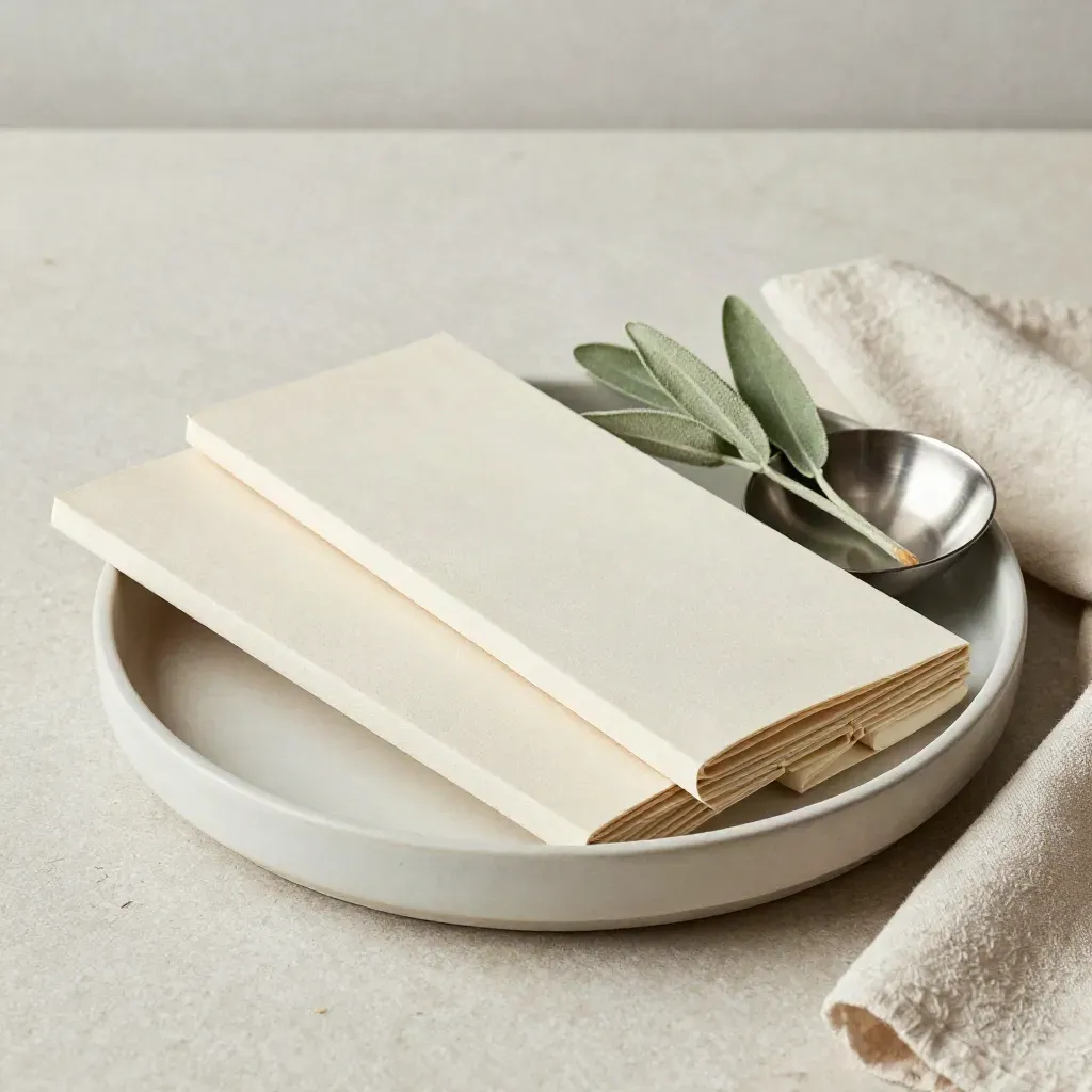 Three portfolio sleeves in a ceramic tray with greenery and a metal dish on stone.