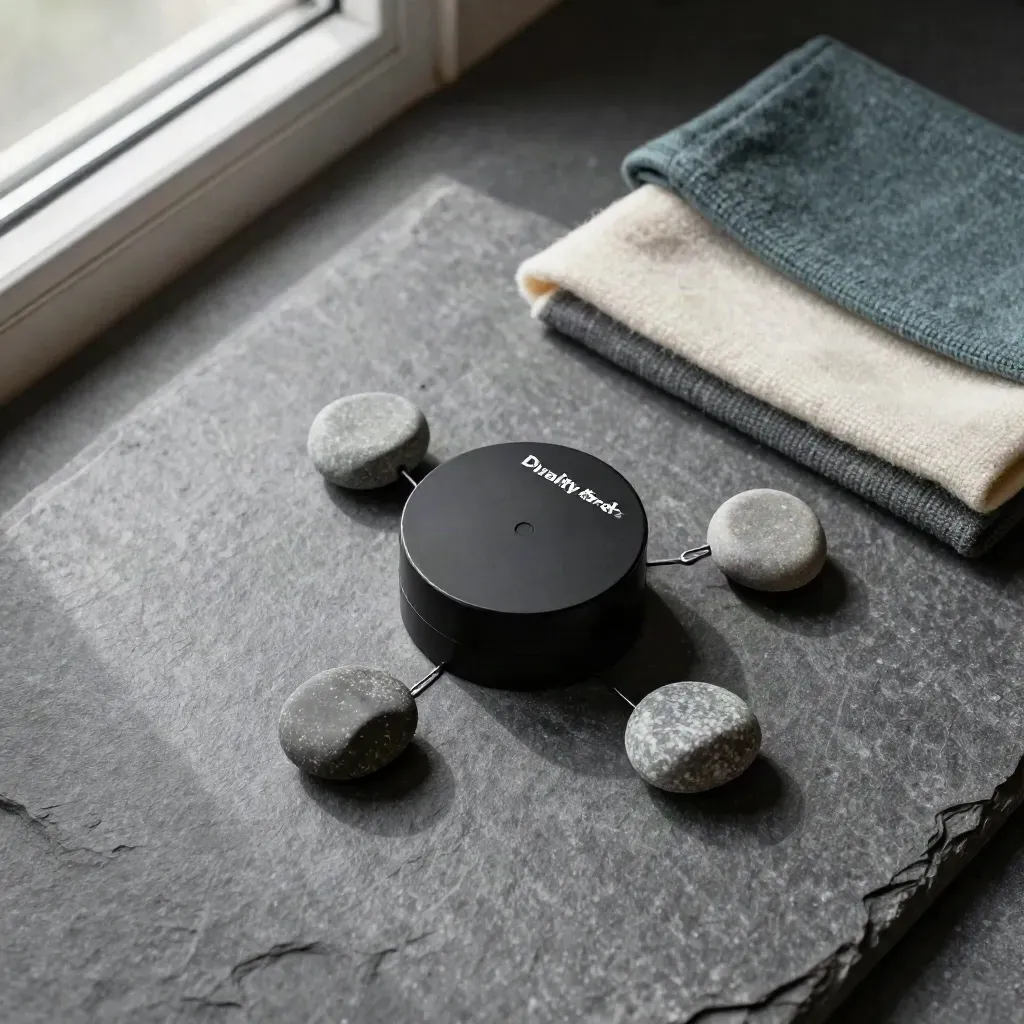 Overhead risk-control still life with paperweight, stone tokens, and folded wool cloth on graphite.
