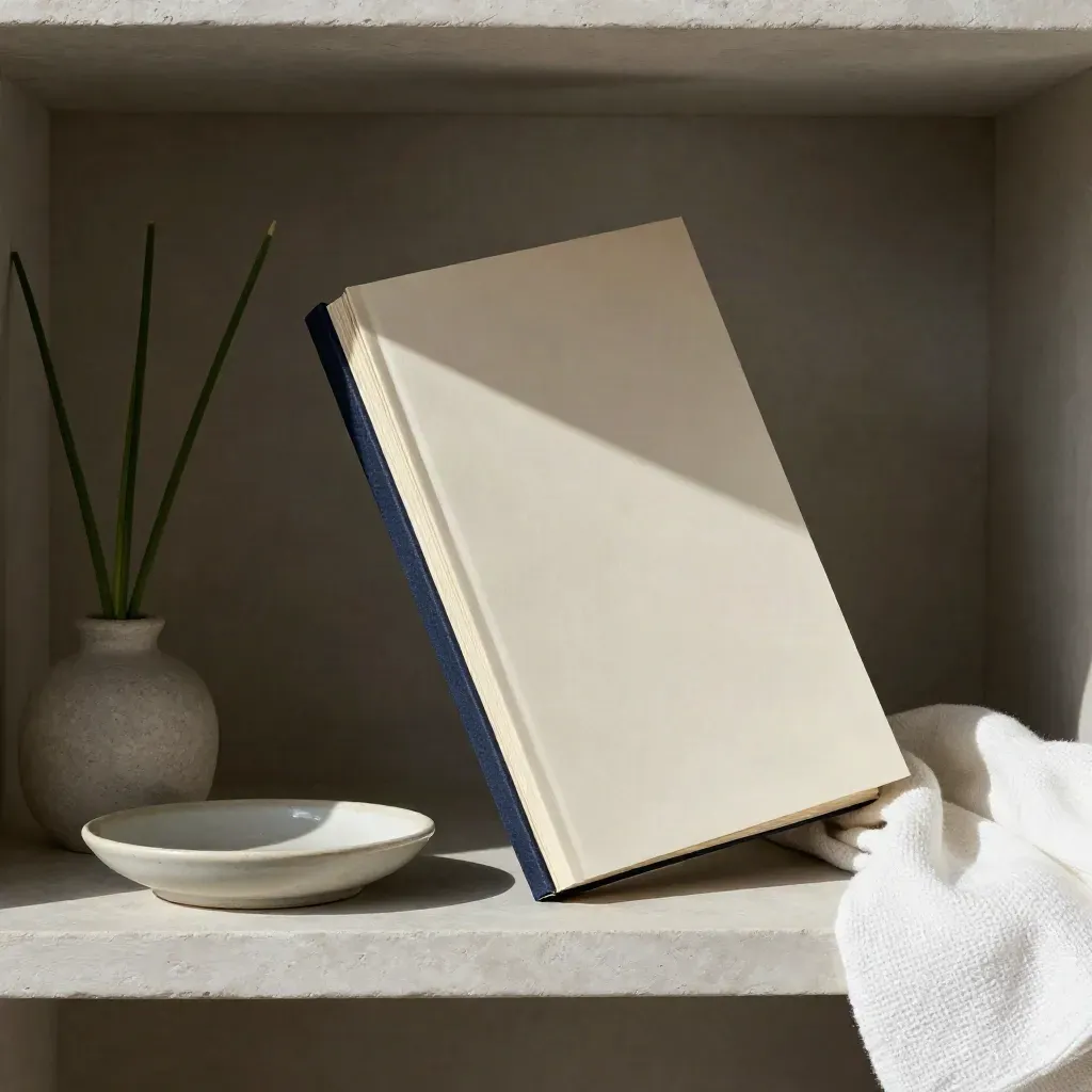 Bound report pack, ceramic dish, reed plant and folded cloth on a plaster shelf ledge.